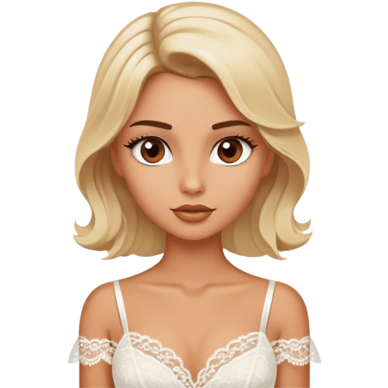 Blonde model with brown eyes, honeymoon, white silk and lace dress emoji