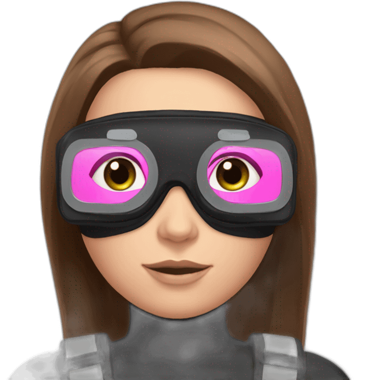 woman with blues eyes, large and straight brown hair, pink diving mask with a single crystal. underwater black and pink suit emoji