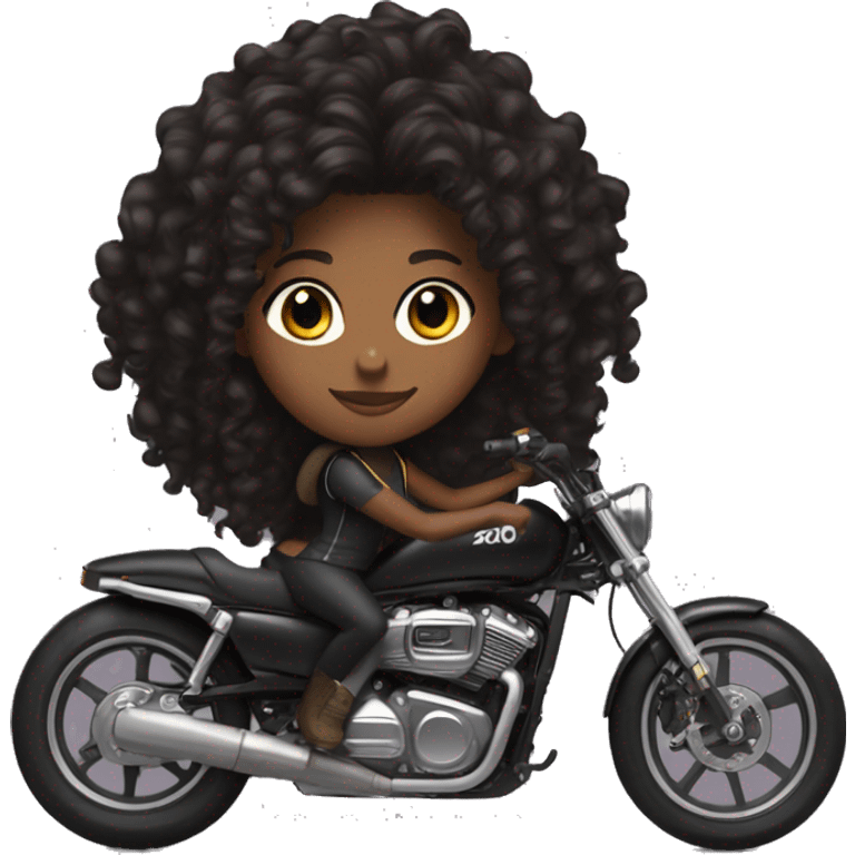 A brown skin girl with long curly black hair on a black sports bike  emoji