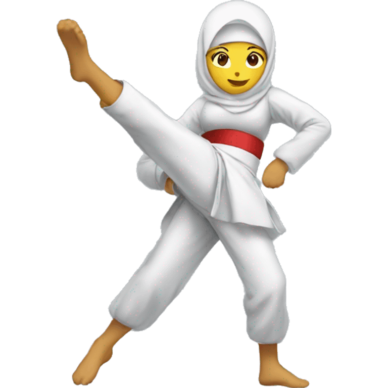 Woman kickboxing with a cast on her lag wearing hijab emoji