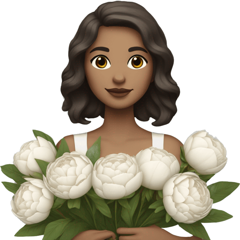 a white girl with shoulder length dark brown hair, brown eyes, small rosy lips holding a bouquet of white peonies emoji