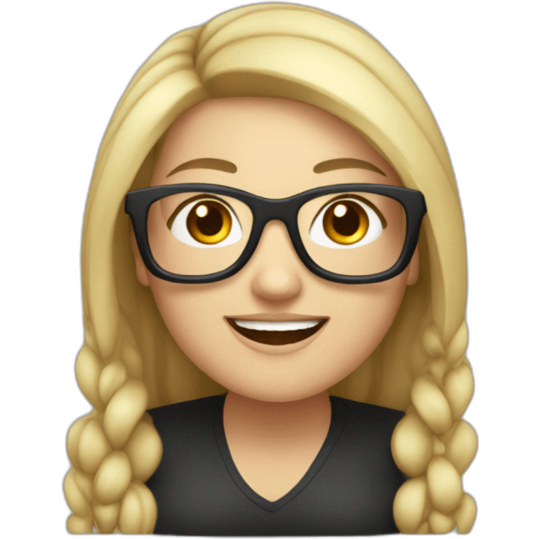 A chubby white young woman with black long hair glasses and smiling emoji