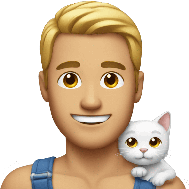 man with shirt off smiling holding a cat emoji