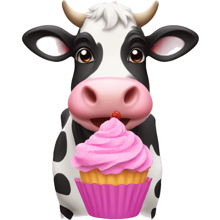 cow holding a pink frosted cupcake emoji