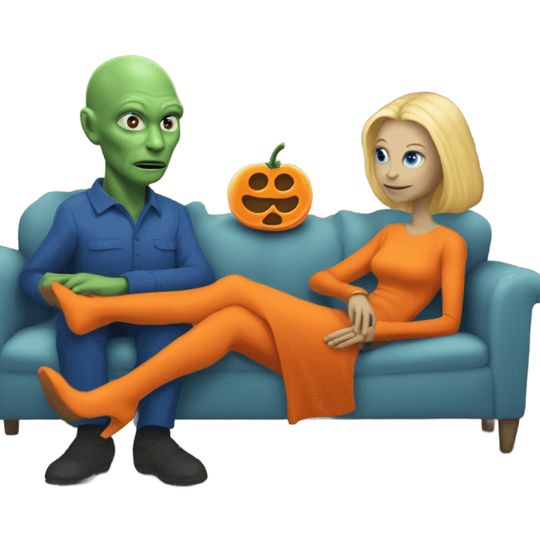 blonde alien reptilian woman in orange dress and humman man in blue, sitting on a couch  emoji