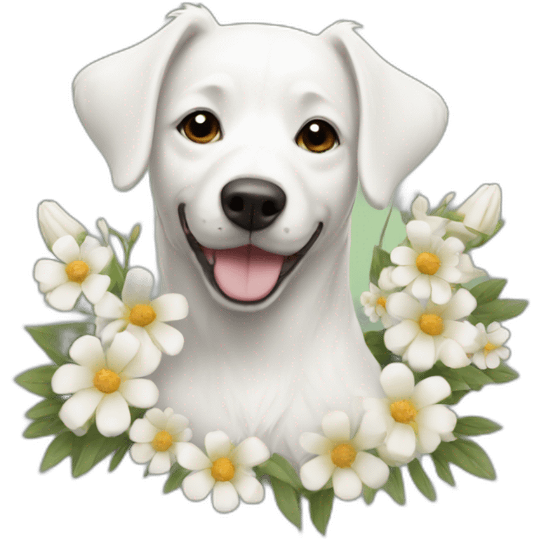 White dog holding flowers emoji