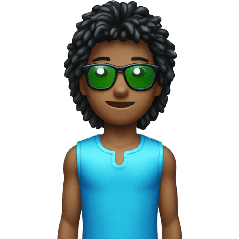 Niño con mullet shagy, pelo negro, ojos grandes y negros, nariz normal. Gafas Y2K (de tecno) grandes con los cristales azules y la montura verde emoji