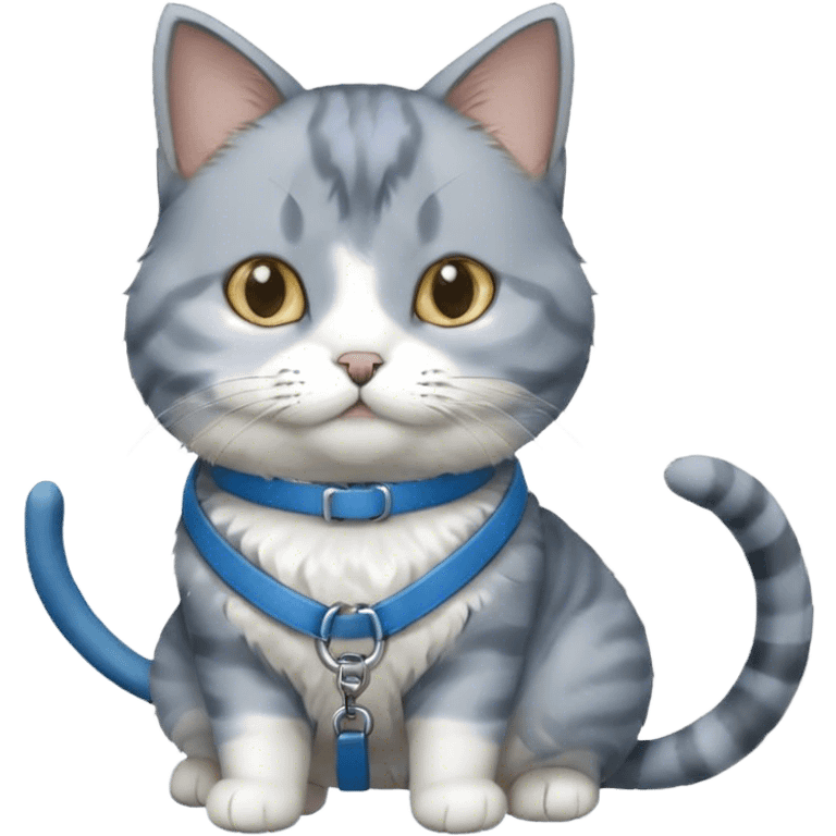 gray and white cat on a blue leash emoji