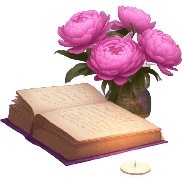 A still-life painting style: a violet book with a bouquet of pink daisies and dark pink peonies, candlelight illuminating the scene. emoji