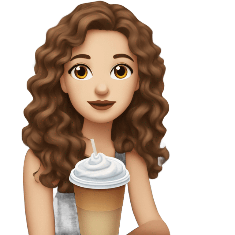 aesthetic white girl with brown wavy hair and brown eyes sipping an iced americano in a cute coffee shop  emoji