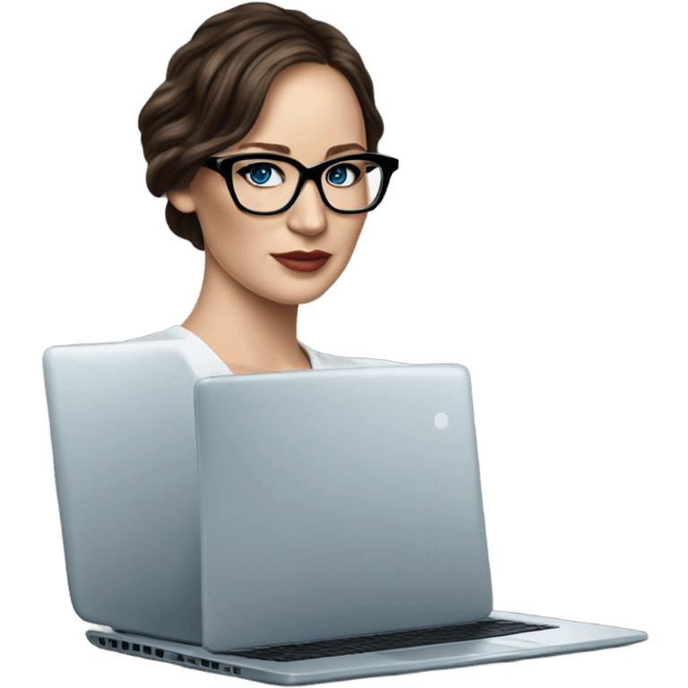 Hyper Realistic Photo of Brunette Jennifer Lawrence wearing black glasses and blue eyes  on a laptop  emoji