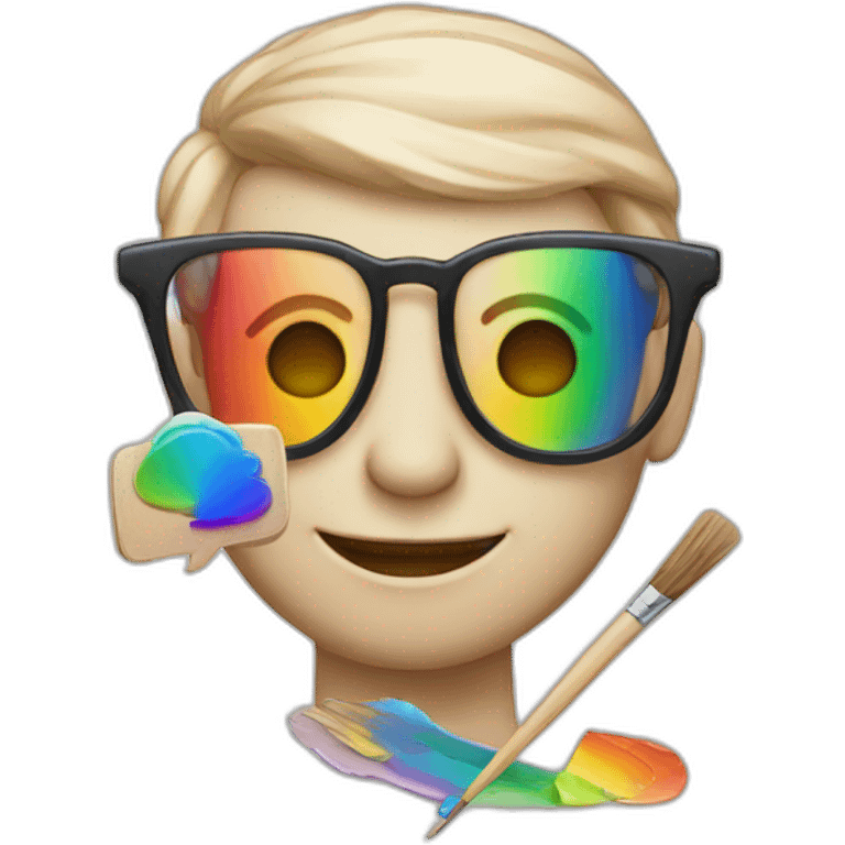 a rainbow with a human face with glasses, a smile and an artist palette by his side emoji