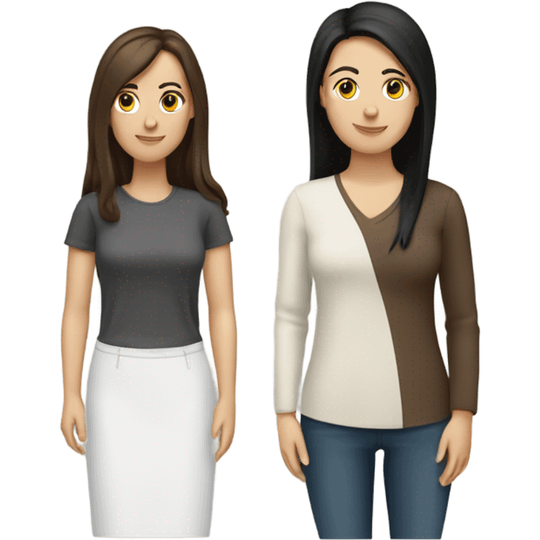 two caucassian woman with brown hair standing next to each other. One has black hair the other one has brown hair and is slightly shorter then the woman with black hair emoji