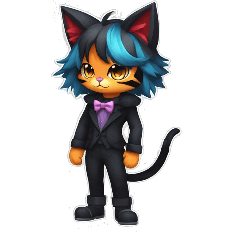 Shiny Dark Cool Edgy Black beautiful ethereal fantasy Kawaii Sona Litten-Fakemon-cat-animal with edgy bat-ears bow tie black emo-mane vtuber model Full Body emoji