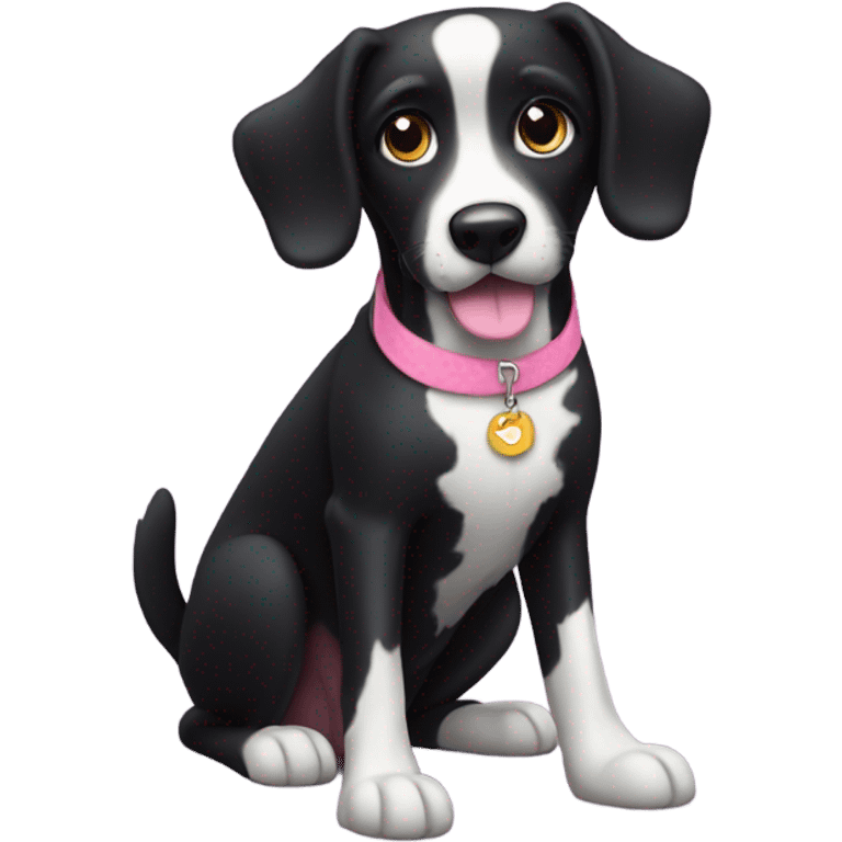 Black dog with white spotty legs and pink collar sitting emoji