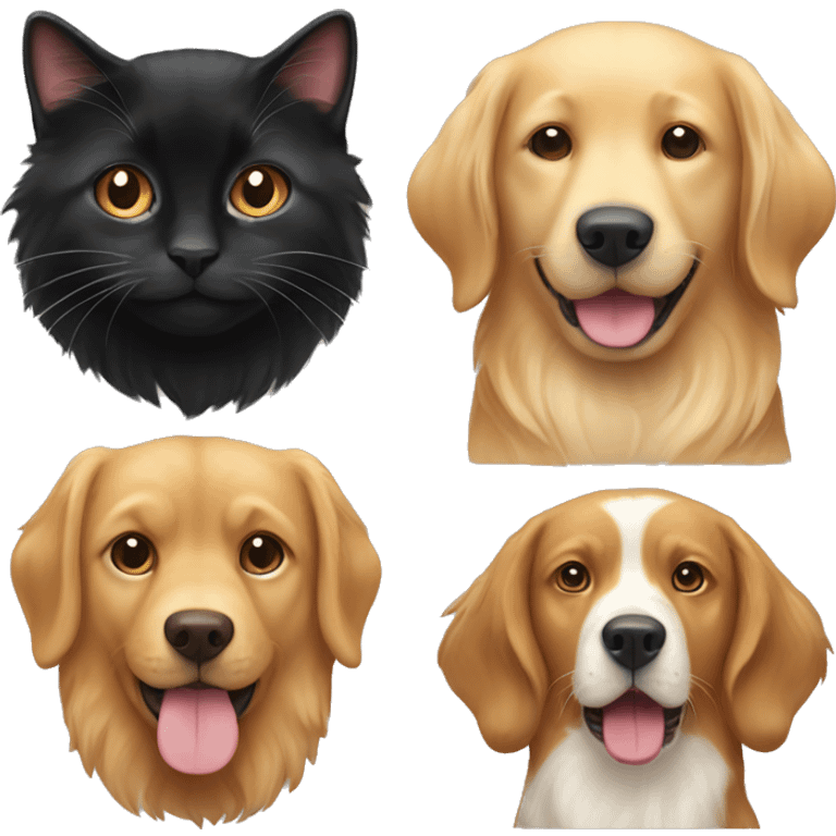 Two black cats, a brown tabby cat and a golden retriever dog  emoji