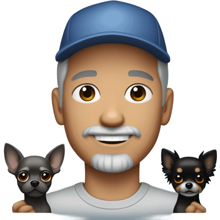 blue eyes gray hair gray goatee man in ball cap holding a black longhair chihuahua  emoji