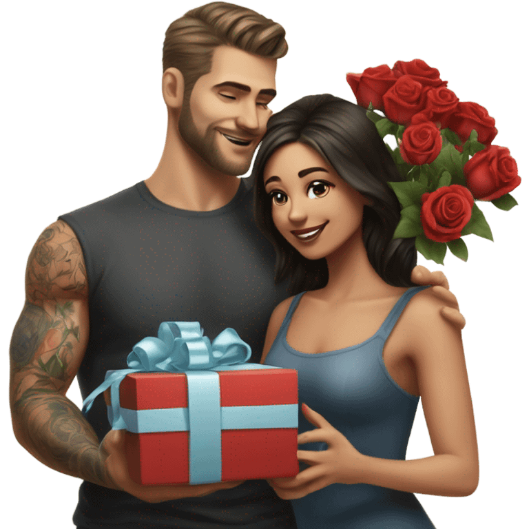 Hyper Realistic beautiful woman receiving a gift and a bouquet of roses from a handsome tattooed man  emoji