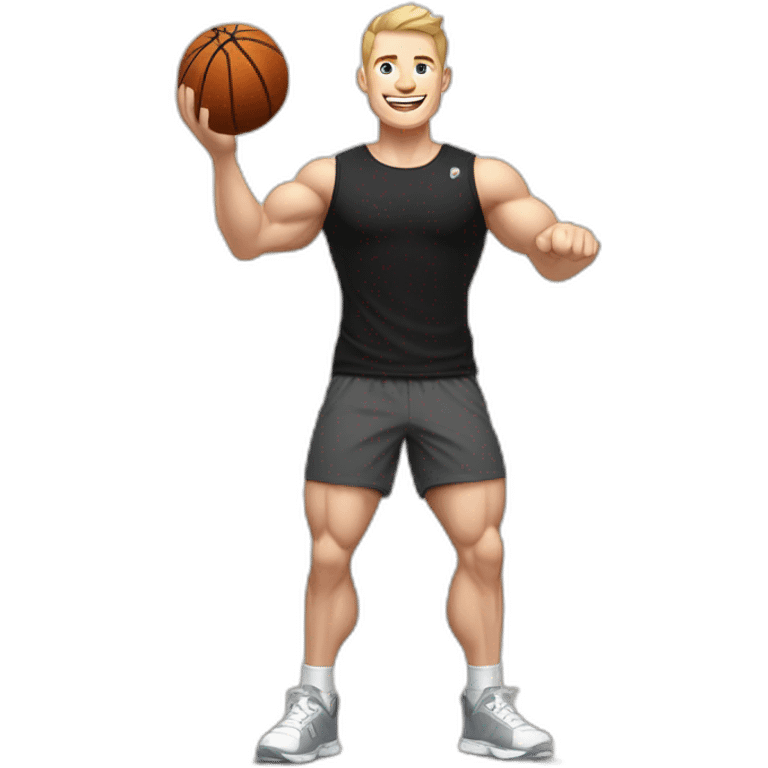 Joyful Celebrating victory Pale skinned Fit Man With the biceps and dark brown hair in black shirt, gray sports shorts and white Sneakers emoji