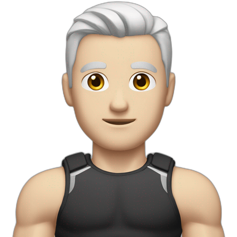 Pale skinned Fit Man With the biceps and dark brown hair in black shirt, gray sports shorts and white Sneakers His right hand near his back of the head emoji