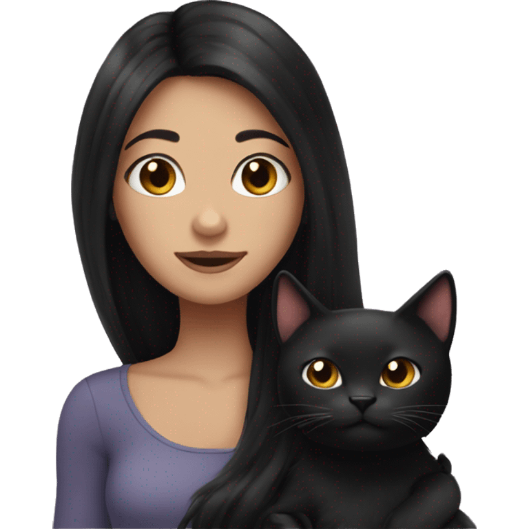 long black hair girl holding puffy black cat. emoji