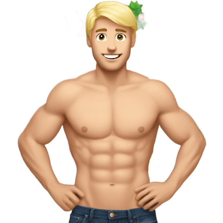 Shirtless blonde man holding christmas stocking emoji