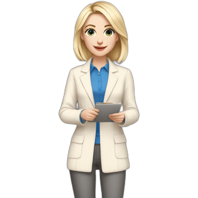 pale skin woman interior designer with cold blonde middle length hair, blue eyes, beige blouse, White oversize jacket, Gray skirt holding a color palette in the hands emoji