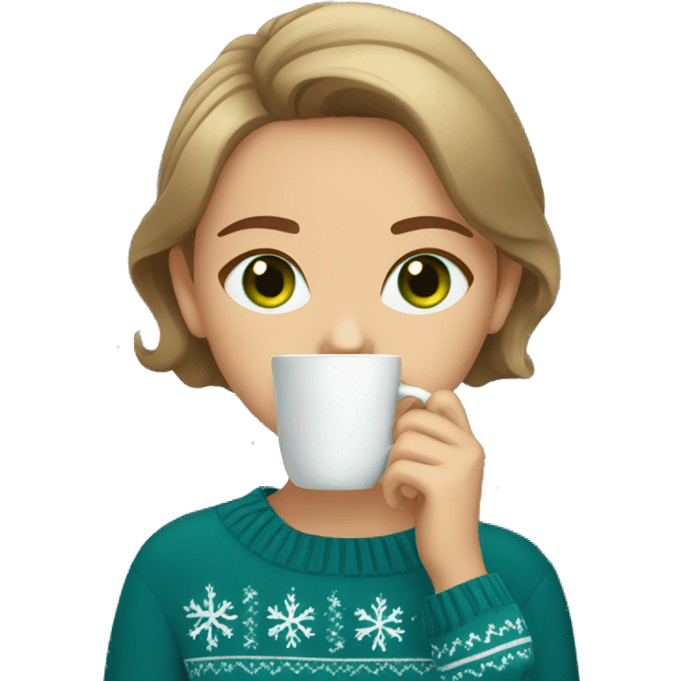 Light brown short haired girl with green eyes drinking coffee wearing blue Christmas sweater emoji