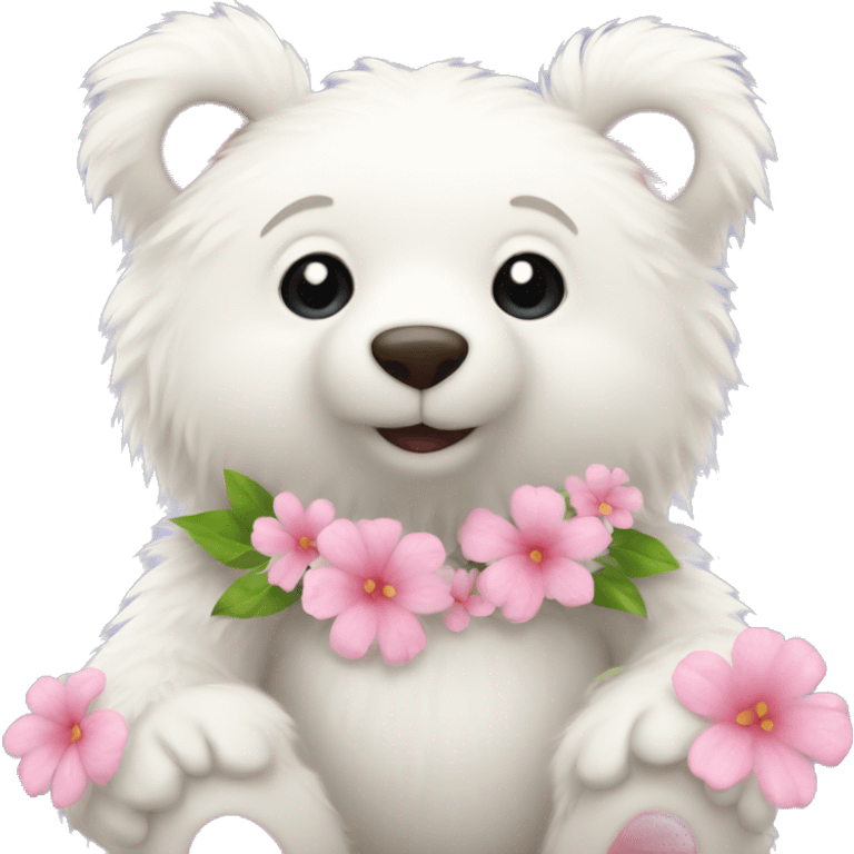 fluffy baby white bear with pink hearts and flowers emoji