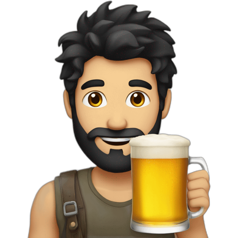 Man black hair and beard winking am eye with a pint of beer emoji