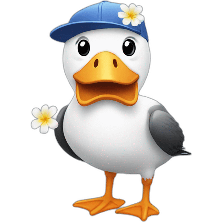 Smiling albatross with a baseball cap that has a flower on it emoji