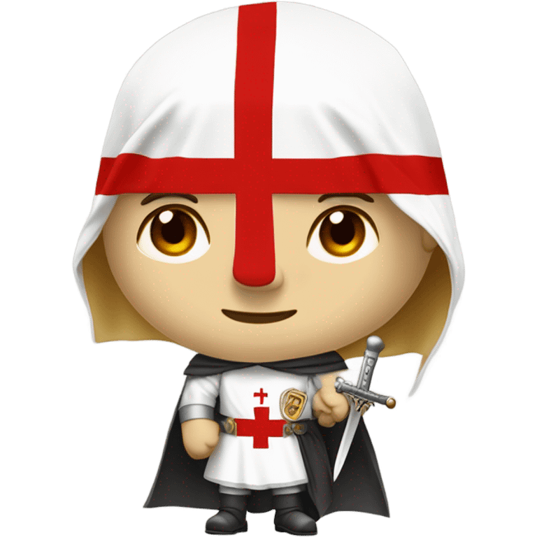 Bare headed blond haired Masonic knight Templar wearing a white tunic with a Red Cross on the front and a white mantle with a hood with a Red Cross on the left side and a male face with a red cap and holding a sword. emoji