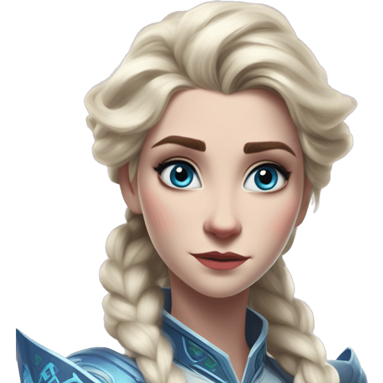 Warcraft award winning Elsa in Halo style, oil paint, mysterious eyes, intricate lips, masterpiece pose, odd perspective, beautiful, desirable, logical, midsommar, ikea emoji