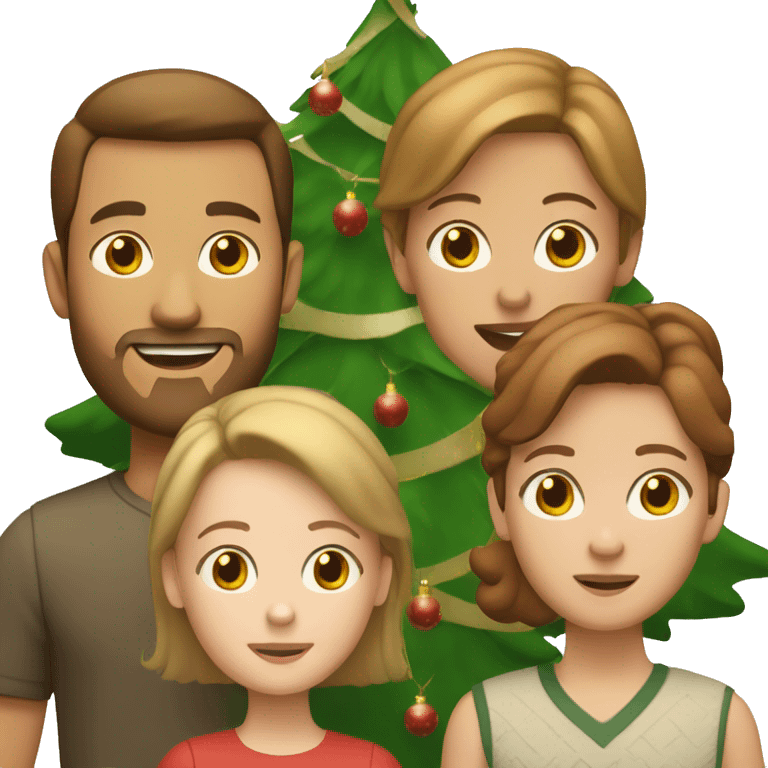 White Family in front of the Christmas tree. Man and boy with Brown hair, woman and kid with light Brown hair and a Little Girl with light red hair.  emoji