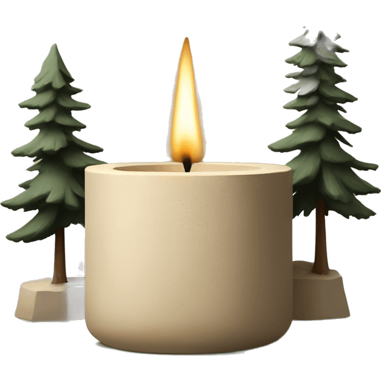 Candle in beige concrete vessel with painted pine trees emoji