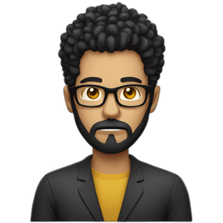 angry men with black curly hair and beard with golden glasses working on computer emoji