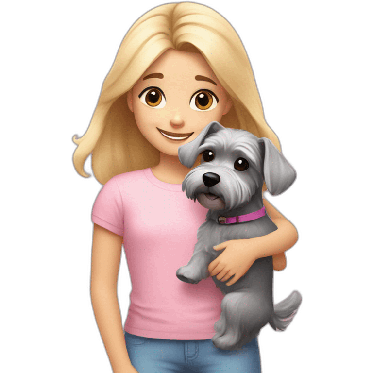 A seven-year-old girl with blonde hair and brown eyes in a light pink T-shirt and rainbow leggings hugs a gray miniature Schnauzer dog emoji