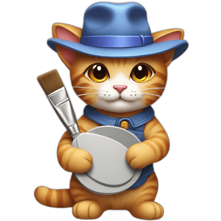 Kawaii cat artist in hat holding palette and brush so it can be used as a mouse cursor emoji