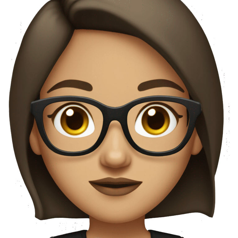 brunette girl with black glasses, light brown eyes and plump lips in a black T-shirt emoji