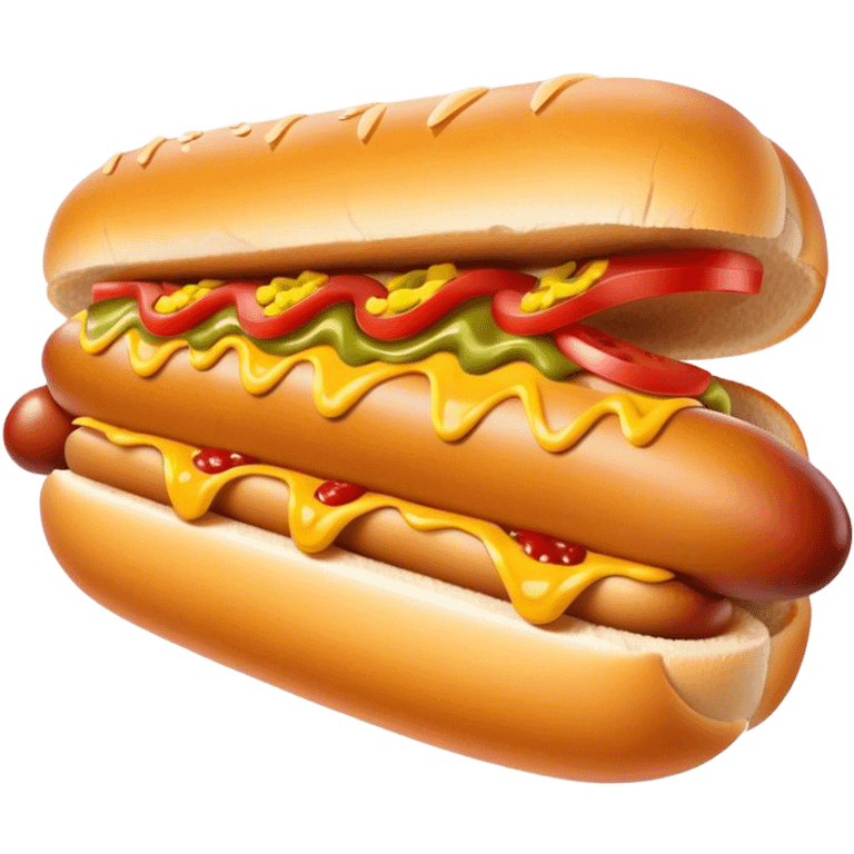 Cinematic Realistic Hot Dog Dish Emoji, featuring a classic hot dog in a bun topped with mustard and relish rendered with crisp textures and vibrant, dynamic lighting. emoji