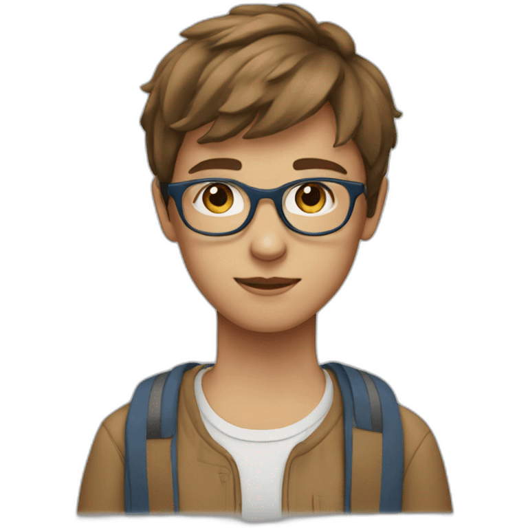 Teenager with brown short hair , transparent glasses, blue eyes emoji