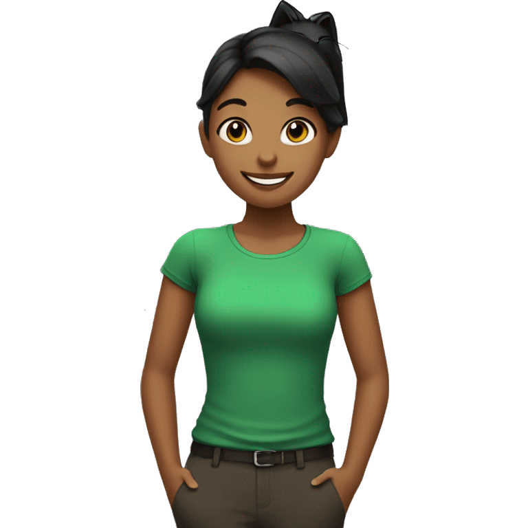 smiling girl in green shirt with a black cat on her shoulder  emoji