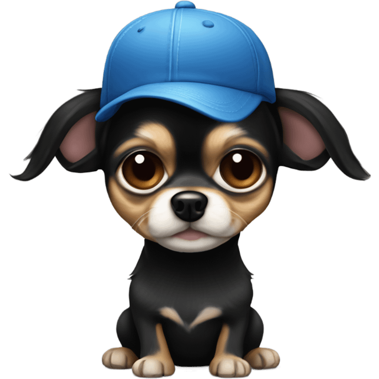 cute all black long haired Chihuahua held by old blue eyes man with goatee and ball cap emoji