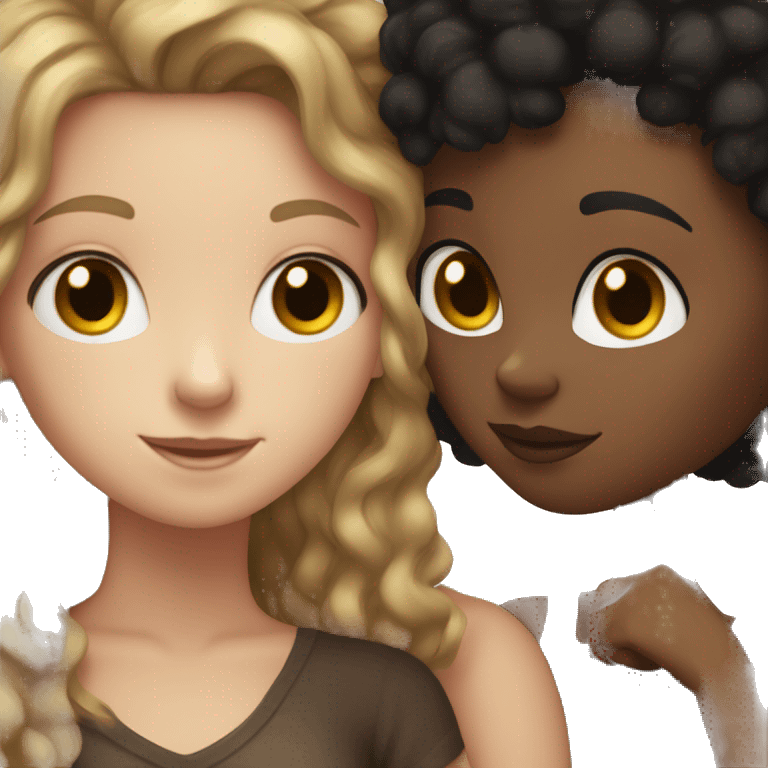 white girl with black hair hugging brown girl with afro  emoji