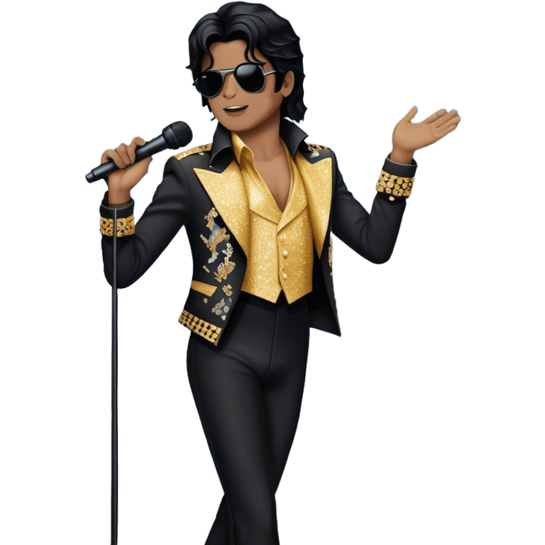 Create a dynamic and stylish emoji representing pop vocal performance with a vintage stage microphone as the central element, surrounded by iconic elements of Michael Jackson’s stage presence. Include a silhouette of his famous glittering jacket or sequined gloves, paired with the microphone to evoke his unique style. Add dramatic musical notes swirling around the microphone and jacket to symbolize the energy and showmanship of pop vocals. Use bold colors like gold, black, silver, and white to reflect the glamour and electrifying performance of a pop legend. The background should be transparent. emoji