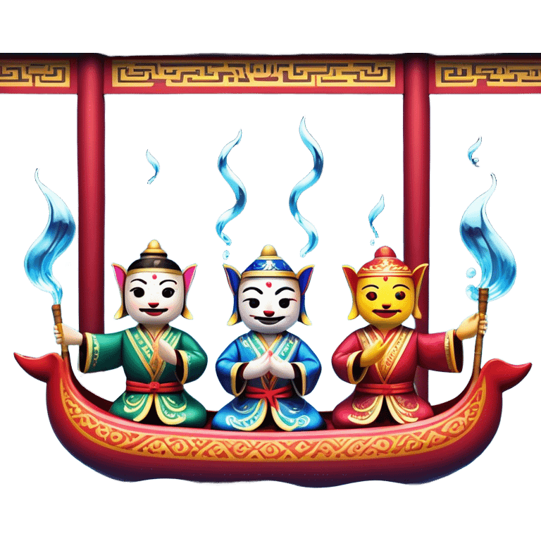 Cinematic Realistic Water Puppetry Emoji, depicted as a whimsical scene of traditional water puppets performing on a reflective water stage, rendered with vivid textures and dynamic playful lighting that captures its enchanting charm. emoji