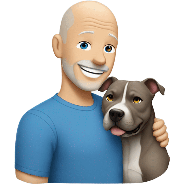 bald white mature man no beard blue eyes and blue tshirt Hugging large gray smiling pit bull emoji