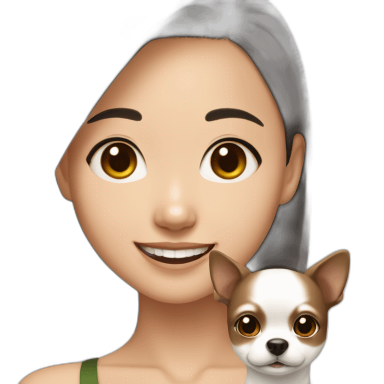 Asian Girl with brown hair white strands of hair and smiling and small black chiwawa  emoji