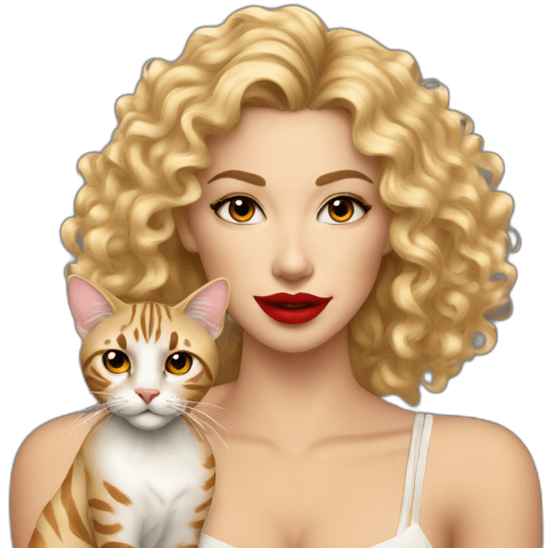 pretty-curly-blonde-woman-red-lips-with-cat-bengal emoji