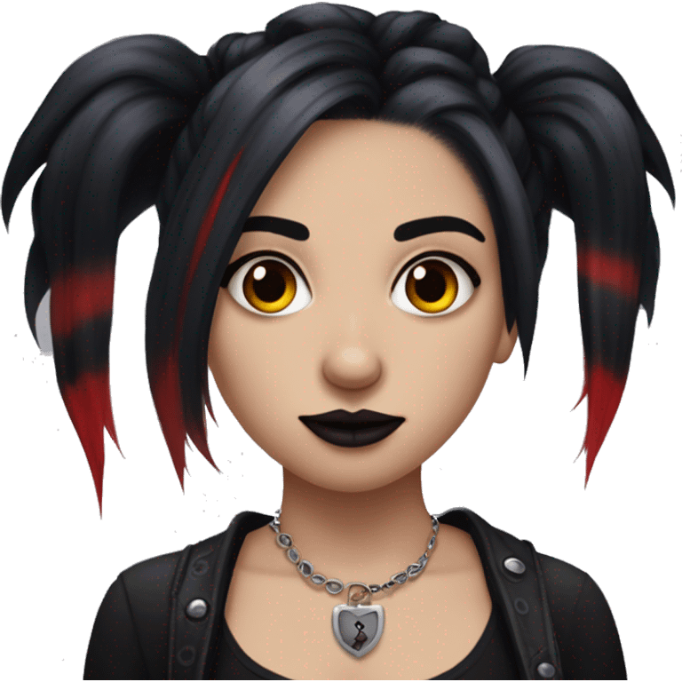 goth girl with red & black skunk stripe hair, a black septum ring, and a nose piercing emoji